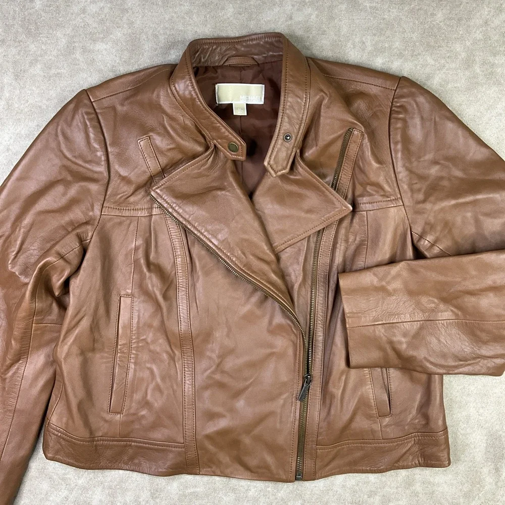 Michael Kors Jacket Women Sz 1X Lambskin Leather Moto Asymmetrical Zip Pockets